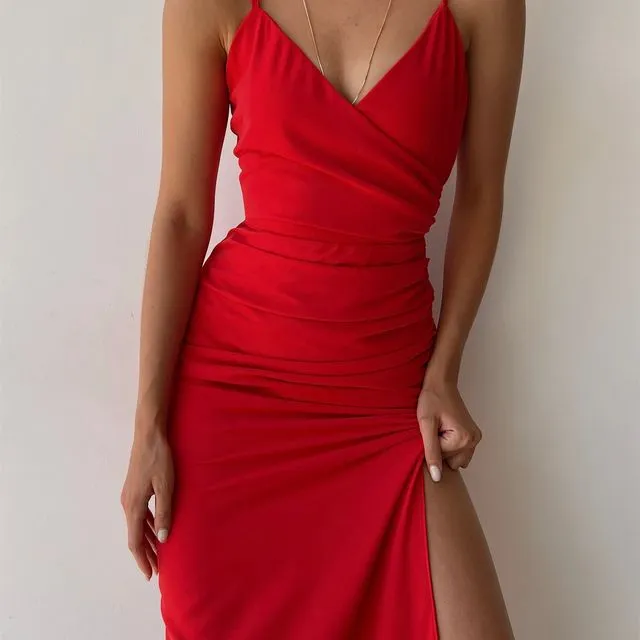 Vanessa Spaghetti Draped Dress (Red)