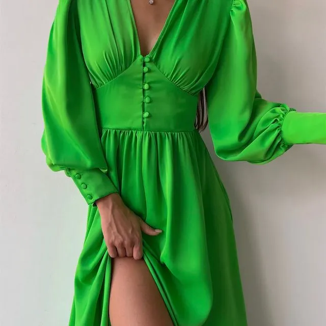 Alicia Satin Button Down Dress (Green)