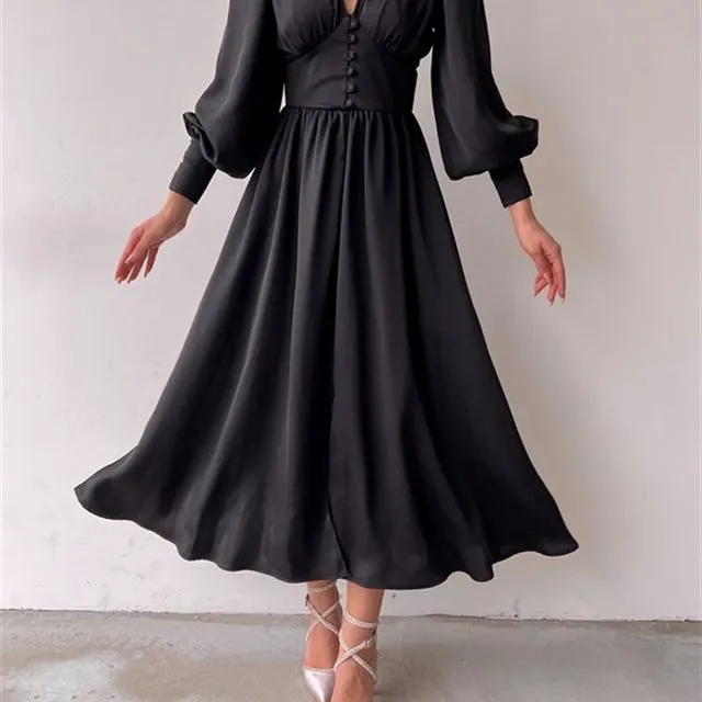 Alicia Satin Button Down Dress (Black)