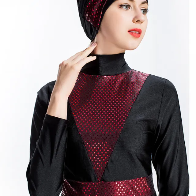 Long Sleeve Solid Color Muslim Swimwear-red