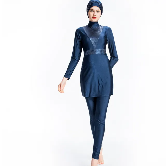 Long Sleeve Solid Color Muslim Swimwear-blue