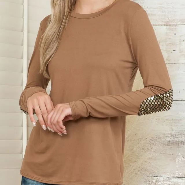 Sparkle Elbow Patch Long Sleeves Round Neck Casual Pullover - CAPPUCCINO