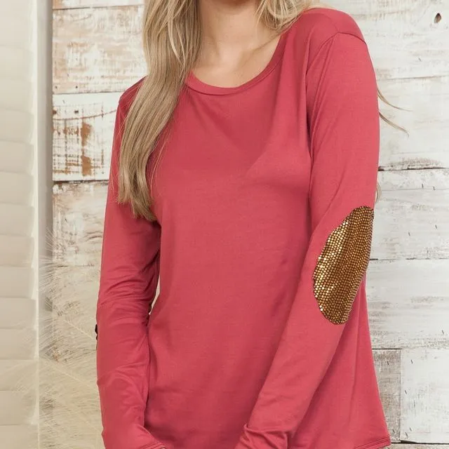 Sparkle Elbow Patch Long Sleeves Round Neck Casual Pullover - MARSALA