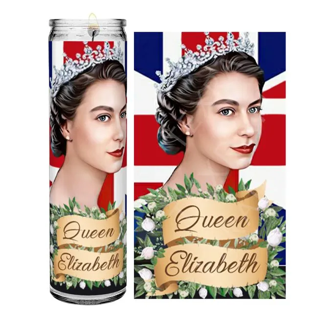 Queen Elizabeth II of England UK Prayer Devotional Candle, 8" white unscented glass