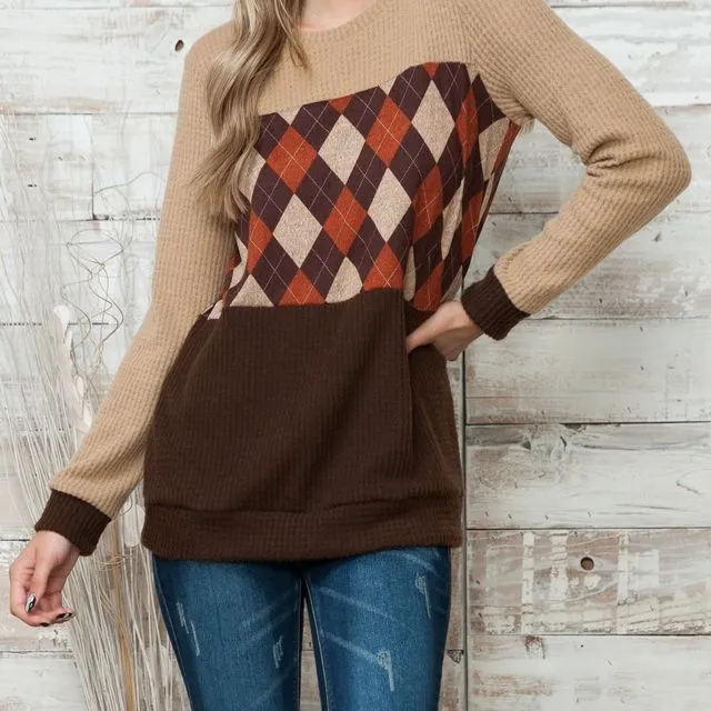 Argyle Pattern Long Sleeve Waffle Knit Top - TAUPE