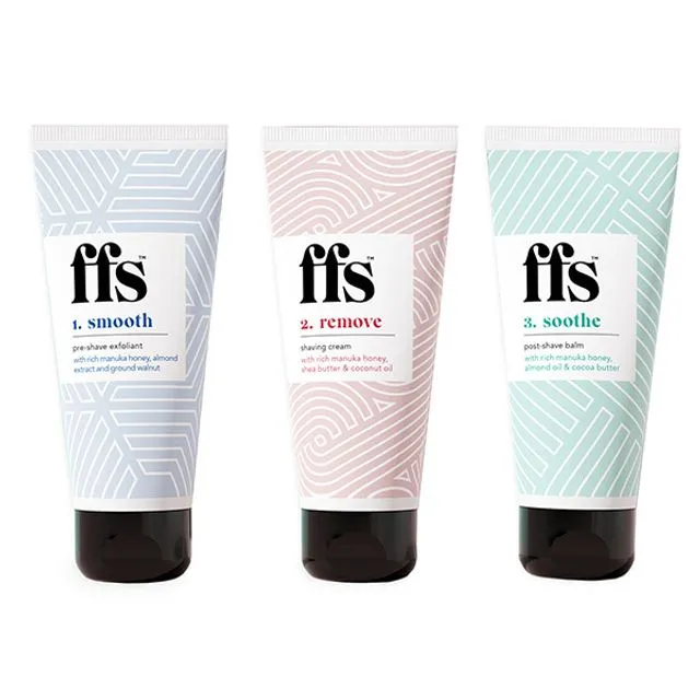 FFS Beauty Three Step Regime, Shave Scrub, Cream, Balm 100ml Bundle