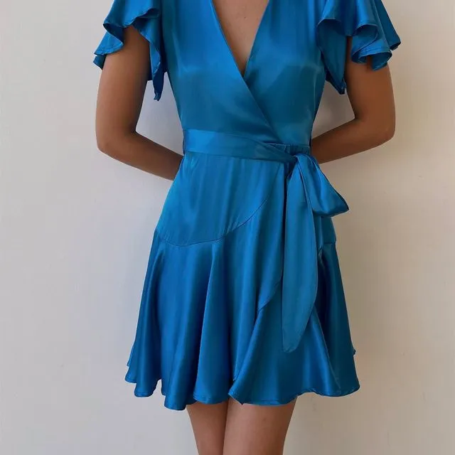 Jessica Satin Wrap Dress (Blue)