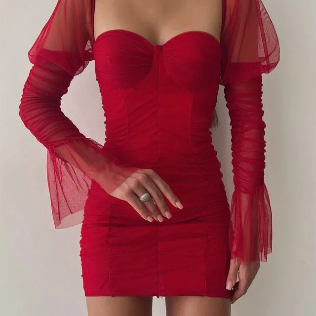 Bonnie Sheer Ruched Detail Dress (Red)