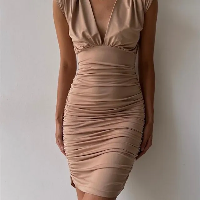 Gabrielle Ruched Shoulder Padded Midi Dress (Nude)