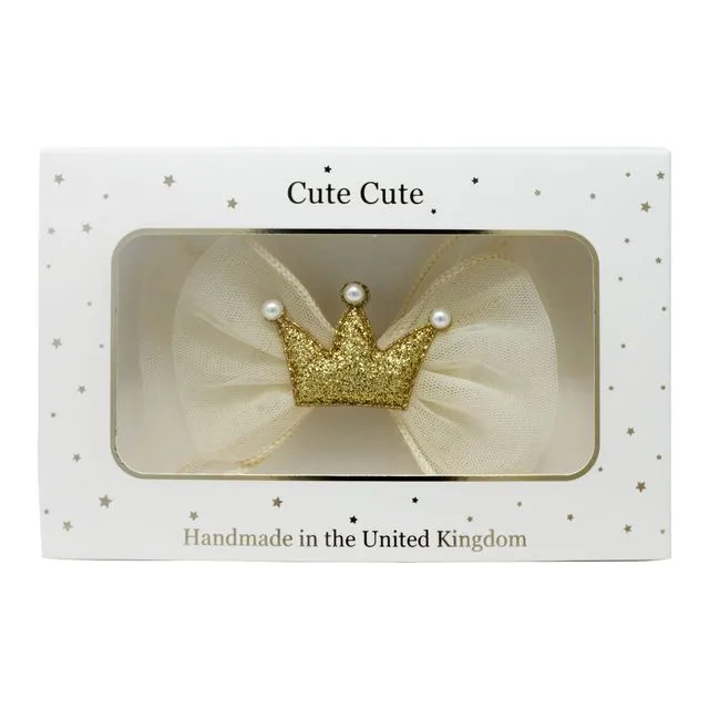 Gold chiffon large bow with glitter crown and pearls in a draw gift box