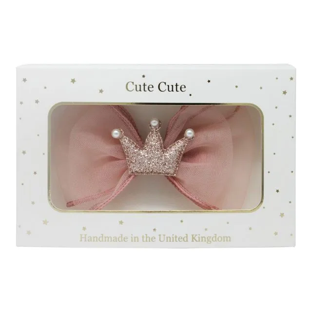 Dusky pink chiffon large bow with glitter crown and pearls in a draw gift box
