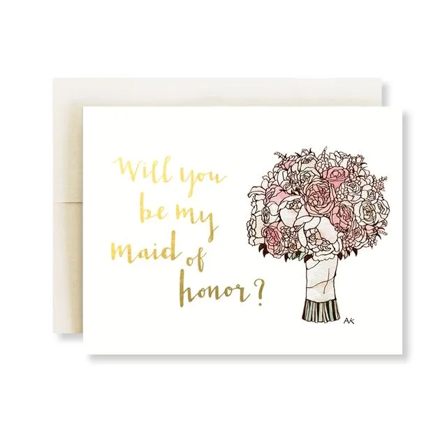 Maid of Honor Flower Bouquet Illustration Gold Foil Card