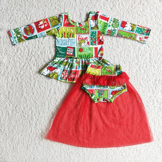 Red tulle green face baby girl Christmas clothing