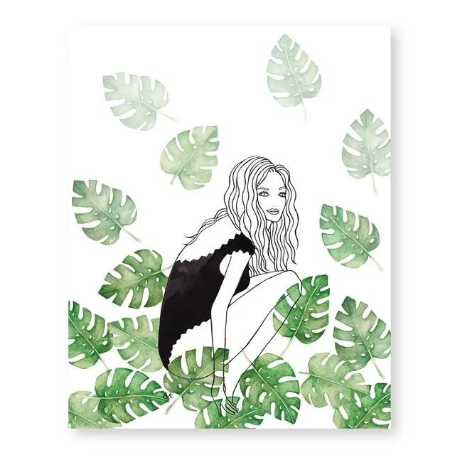 Bikini Girl in Monstera Leaf Art Print