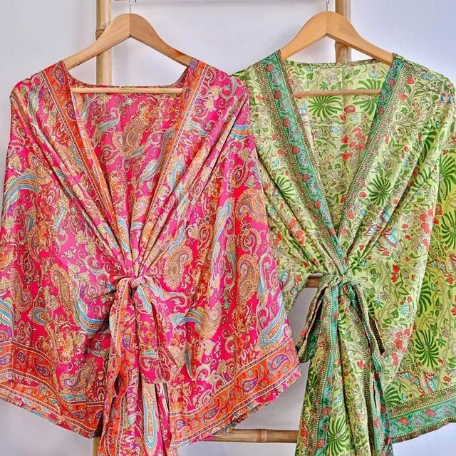 New Silk Sari Boho Kimono Regal House Robe - Luxury Lounge Digital Flowy Gown | Hot Pink Paisley Festival Orange Aqua Bloom Duster Coverup