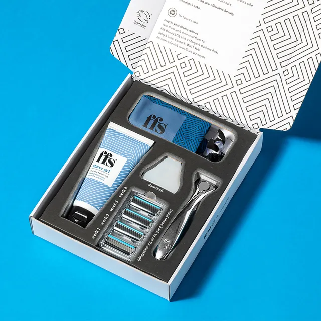 FFS Beauty Men's Razor Grooming Set - Premium Handle, 4 Cartridges, Vegan 100ml Shave Gel