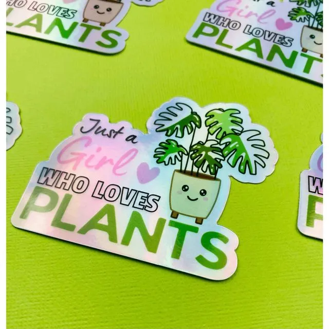 Hologram Kawaii Plant Love Sticker, Girl Who Loves Plants Sticker, Variegated Rare Plant Hologram Sticker for Plant Lovers