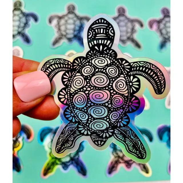 Boho Sea Turtle Holographic Sticker With Intricate Bohemian Design