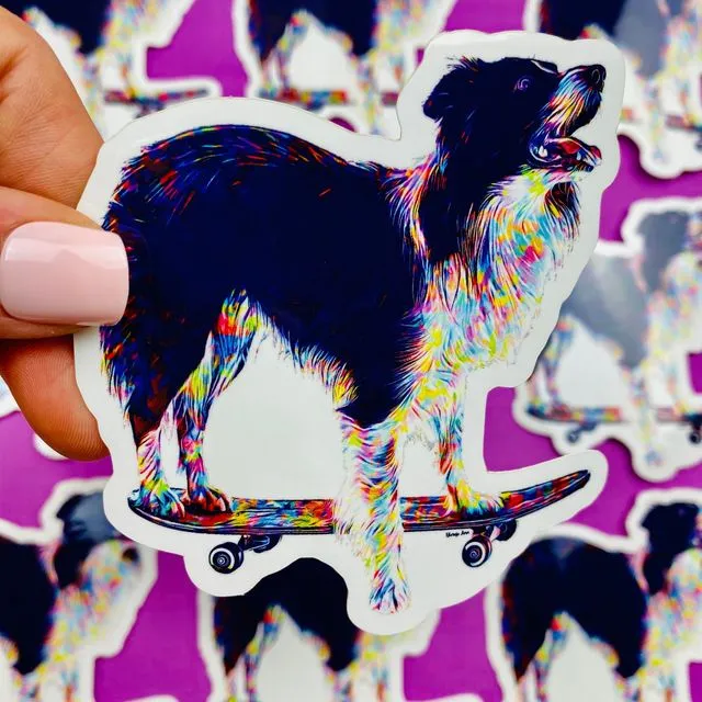 Border Collie Skateboard Sticker Colorful Abstract Cute Border Collie Dog Decal for Car, Hydroflask, Fun Border Collie on a Skateboard Art
