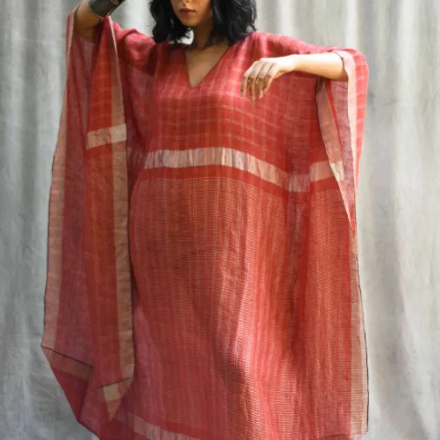 Linen Kaftan Dress in Brick Red