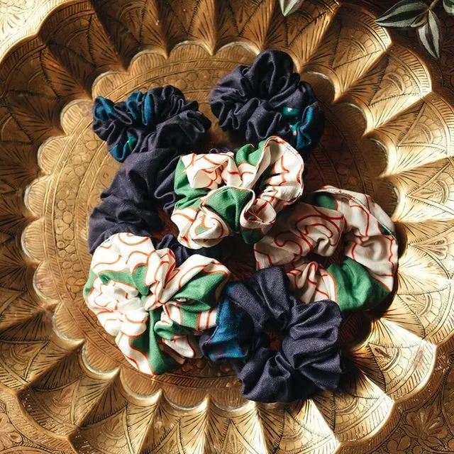 Organic Cotton & Linen Scrunchie Hair Tie - Blue beast