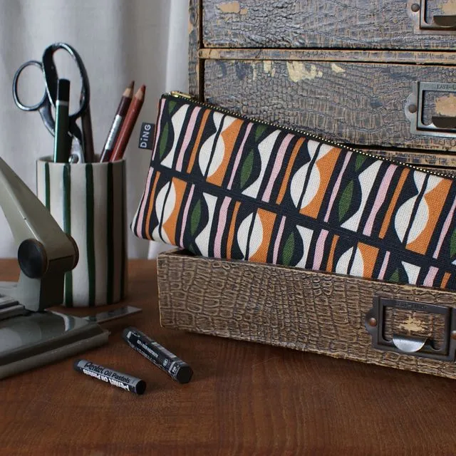 Large Abstract pattern Pencil case in Black Harlaxton Linen