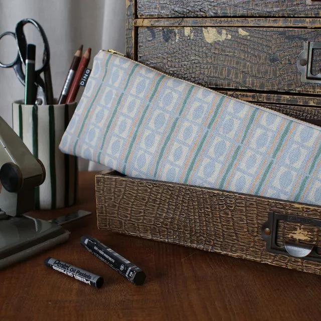 Large Abstract pattern Pencil case in Pale Blue Knipton Linen