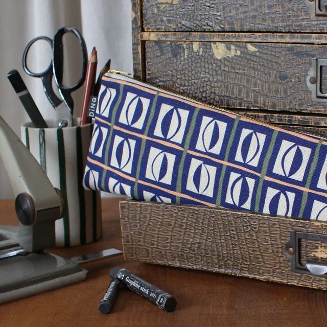 Large Abstract pattern Pencil case in Navy Denton Linen