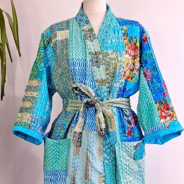 Kantha Cotton Short Knee Jacket Reversible Kimono Unisex Robe Handmade Sustainable Eco-fashion Regal Turquoise Blue Hues Mughal Patchwork