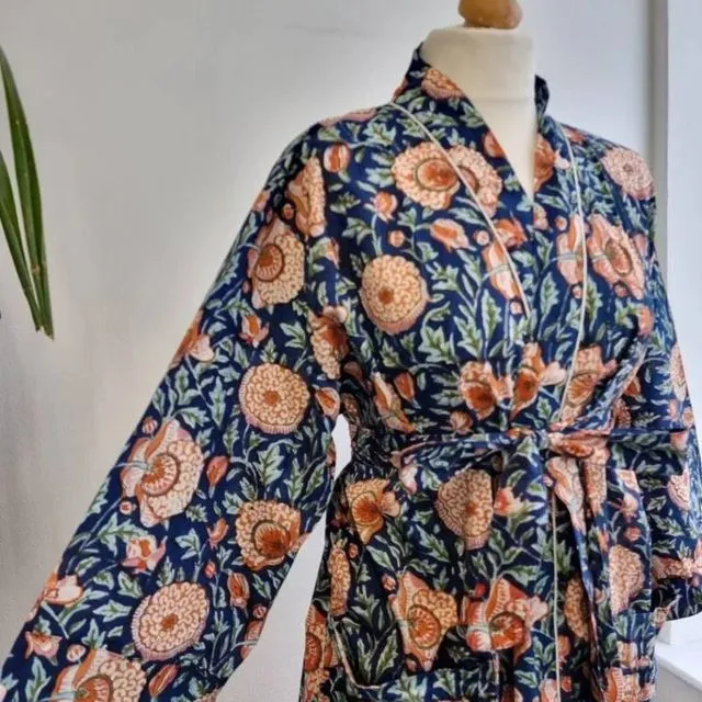 Pure Cotton Handprinted House Robe | Autumn Winter Christmas Vibe Kimono | Floral Coverup/Comfy Maternity Mom Aquamarine Deep Blue Peach