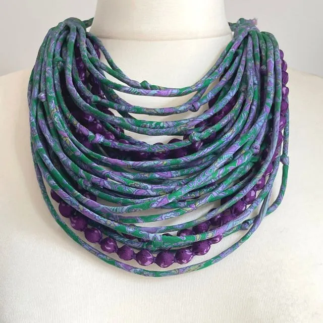 African Style, Multi-Layered Beads Necklace - Green/Purple
