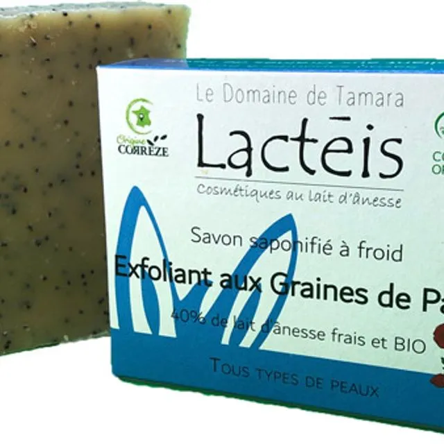 COSMOS ORGANIC soap with 40% fresh and ORGANIC donkey milk - Cold saponified - Exfoliating with poppy seeds
