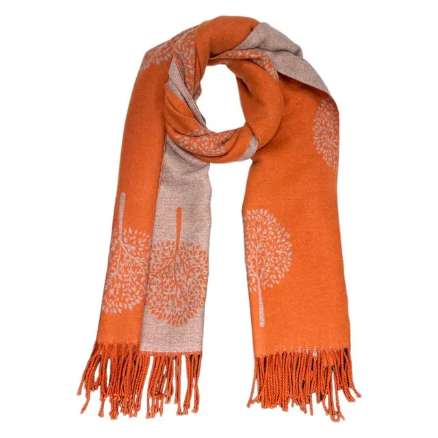 Tree of life print scarf on cashmere mix with tassels in orange