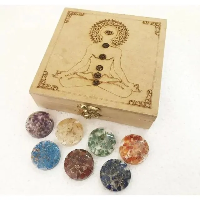 Buddha etched chakra box with orgone chakra disc set