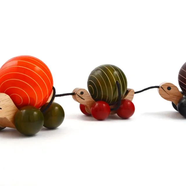 Wooden Toy Turtle Family Pull Along Handmade Non Toxic Colours (Orange Green Brown)