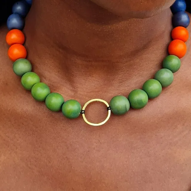 Bola Argola Brass Tagua Necklace - Green and Orange