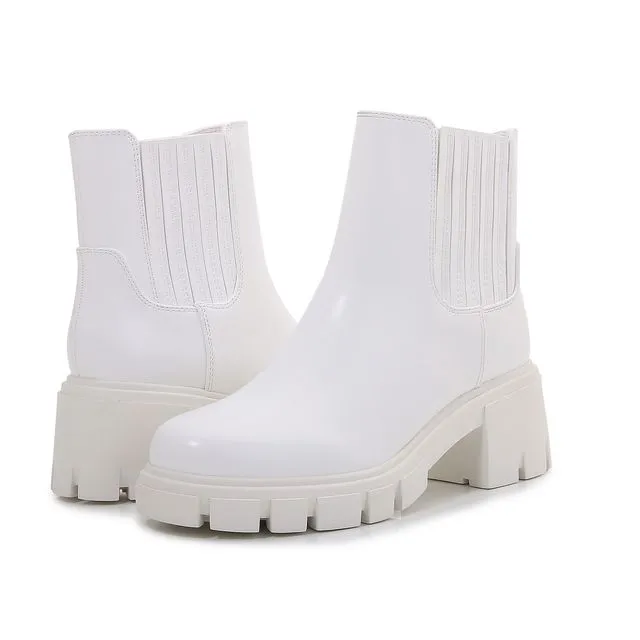 White Women PU Leather Chunky Platform Chelsea Boots Zip Up Ankle Booties