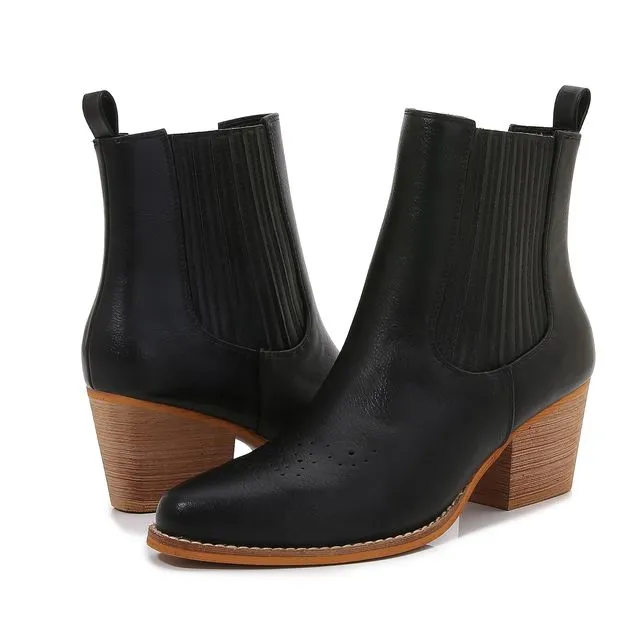 Black Women PU Leather Perforated Front Stacked Heel Ankle Boots with Elastic Side Gussets