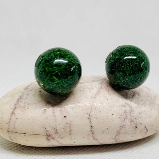 Big glass ball studs with real green moss earrings