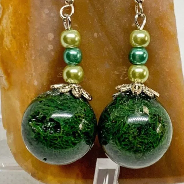 Big glass ball dangles with real green moss earrings