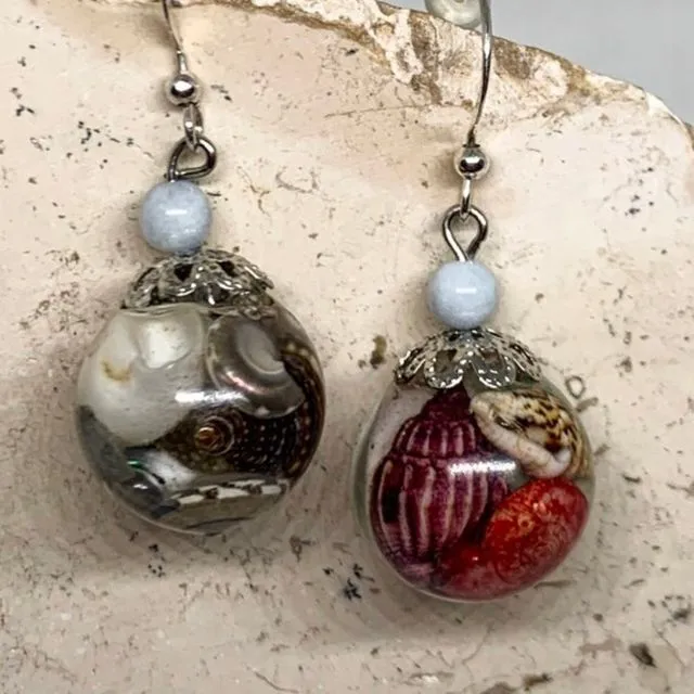 Big glass ball dangle seashell earrings