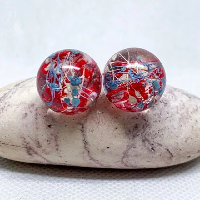 Blue, red and white real baby breath glass ball studs earrings