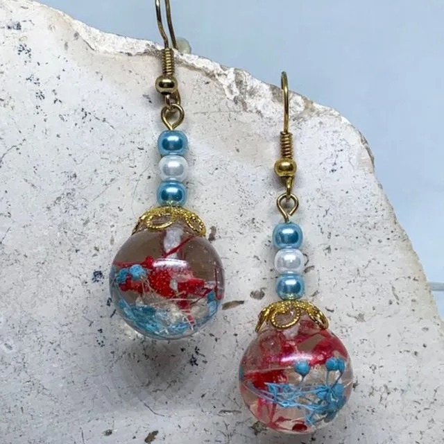 Blue, red and white real baby breath glass ball dangle earrings - Glass ball gold plated dangles