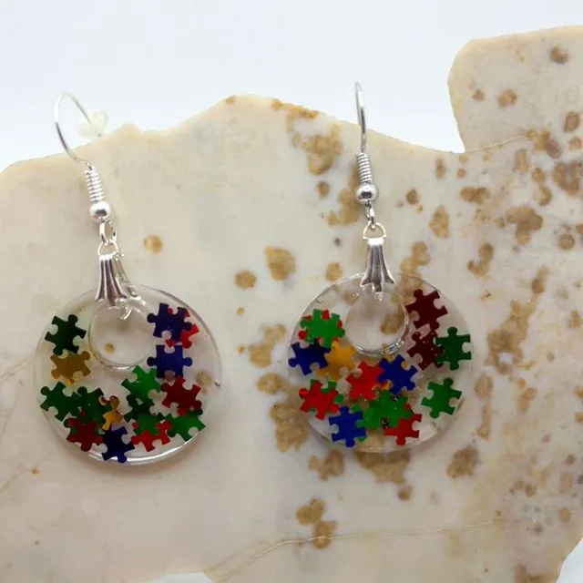 Circle Autism Puzzle Dangle Earrings, set of 2