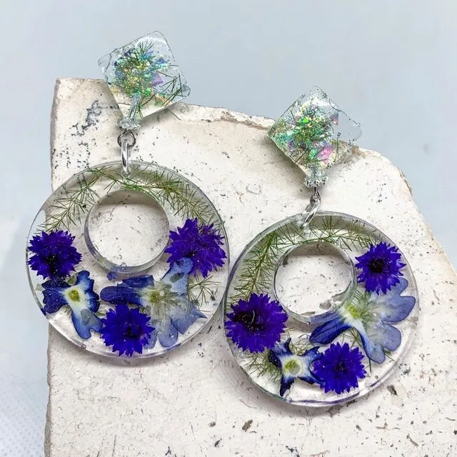 Blue Verbena Real Flower Earrings - W/Purple Tiny Flowers