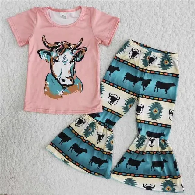 Girl Pink Cow Head Print Aztec Outfit