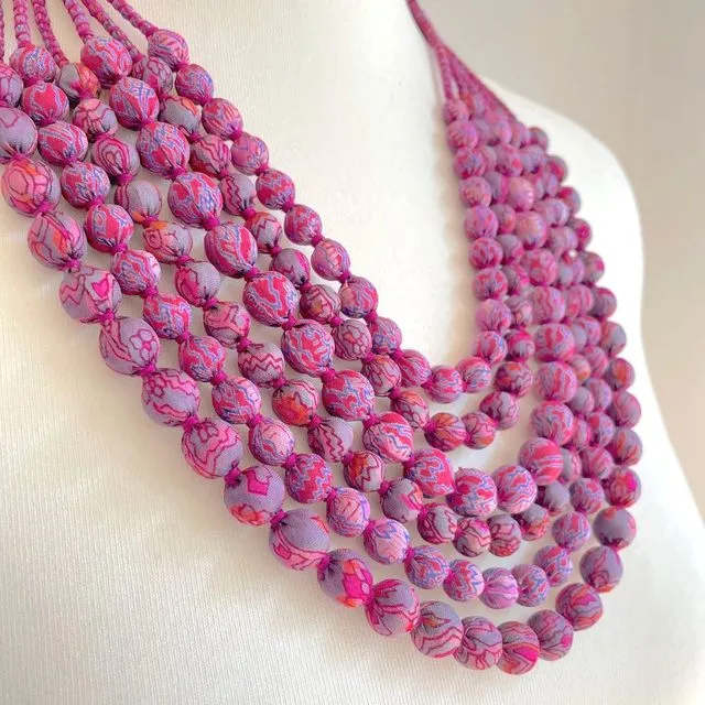 Multi-Strand Wood Bead Necklace - Pink/Grey