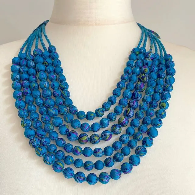 Six Strand Silk Sari Beaded Necklace - Blue