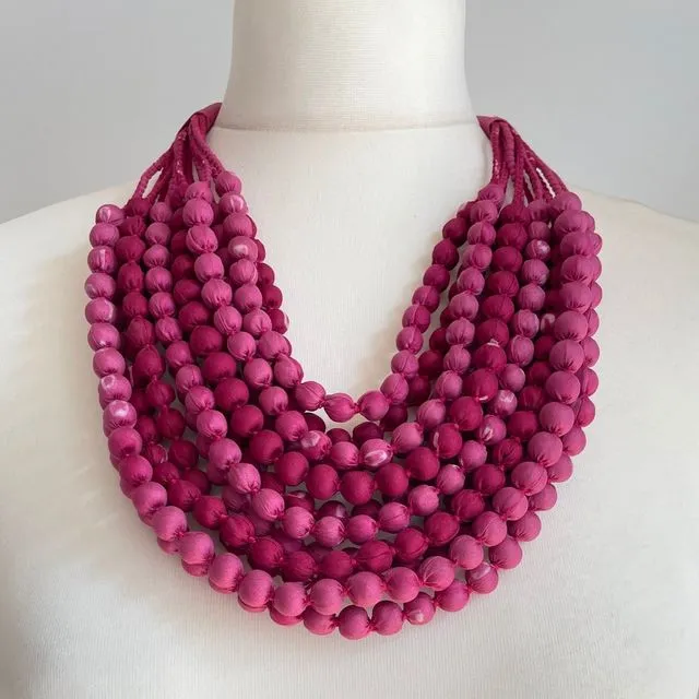 Chunky Bead Multi- Layered Recycled Sari Necklace - Pink/Berry