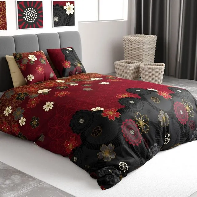 Parure de lit - Housse de couette 240x260 cm + 2 taies d'oreiller 100% Coton 57 fils Kimono